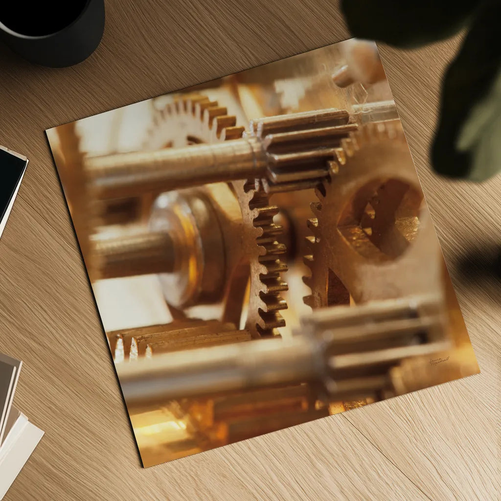 Gilded Gears II by Laura Marshall. Shown as a detailed flat fine art print, highlighting archival giclee quality. Available as an archival giclee rolled canvas, fine art paper, or poster print. SKU 25870a.