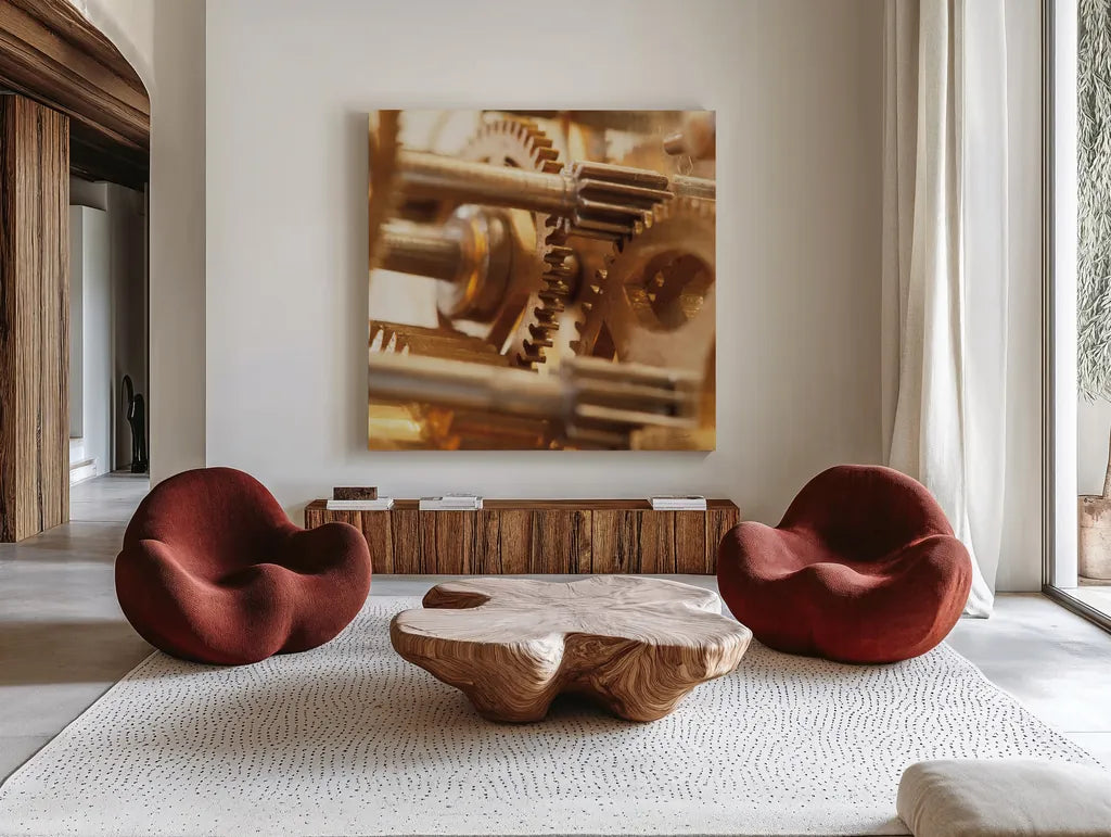 Gilded Gears II by Laura Marshall. Shown as extra-large giant wall art in a modern living room. Available as an archival giclee rolled canvas, fine art paper, or poster print. SKU 25870a.