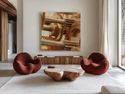 Gilded Gears II by Laura Marshall. Shown as extra-large giant wall art in a modern living room. Available as an archival giclee rolled canvas, fine art paper, or poster print. SKU 25870a.