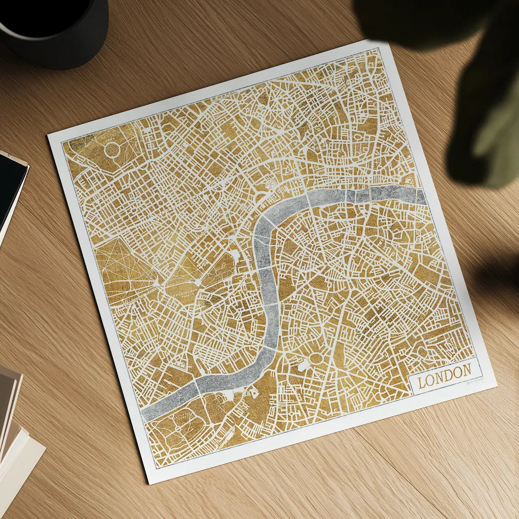 Gilded London Map by Laura Marshall. Shown as a detailed flat fine art print, highlighting archival giclee quality. Available as an archival giclee rolled canvas, fine art paper, or poster print. SKU 17664a.