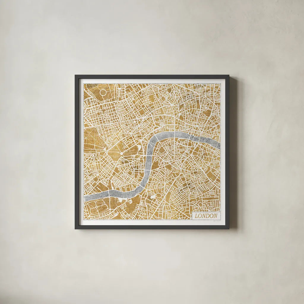Gilded London Map by Laura Marshall. Shown in a sleek black glass frame for a contemporary gallery look. Available as an archival giclee rolled canvas, fine art paper, or poster print. SKU 17664a.