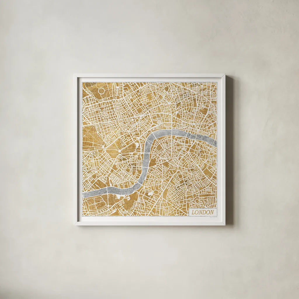 Gilded London Map by Laura Marshall. Shown in a crisp white glass frame for a clean and minimalist style. Available as an archival giclee rolled canvas, fine art paper, or poster print. SKU 17664a.