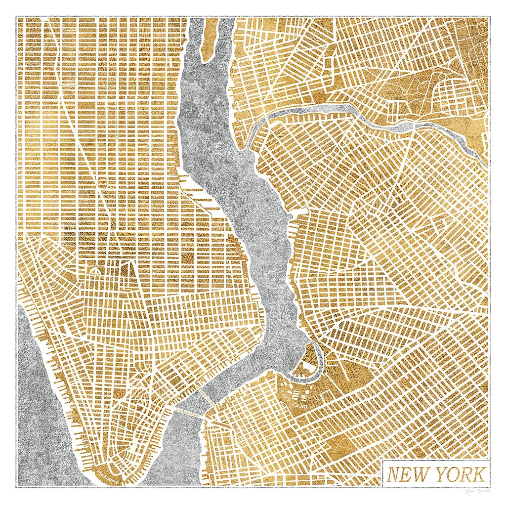 Gilded New York Map by Laura Marshall. SKU 17662a. Archival Giclee Fine art print for wall decor.