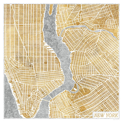 Gilded New York Map by Laura Marshall. SKU 17662a. Archival Giclee Fine art print for wall decor.