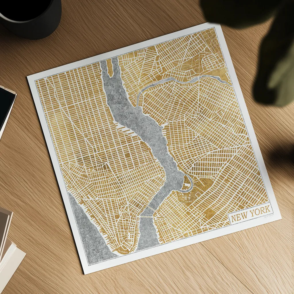 Gilded New York Map by Laura Marshall. Shown as a detailed flat fine art print, highlighting archival giclee quality. Available as an archival giclee rolled canvas, fine art paper, or poster print. SKU 17662a.