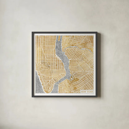 Gilded New York Map by Laura Marshall. Shown in a sleek black glass frame for a contemporary gallery look. Available as an archival giclee rolled canvas, fine art paper, or poster print. SKU 17662a.