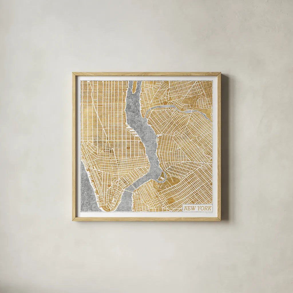 Gilded New York Map by Laura Marshall. Shown in a natural wood glass frame for a timeless modern aesthetic. Available as an archival giclee rolled canvas, fine art paper, or poster print. SKU 17662a.