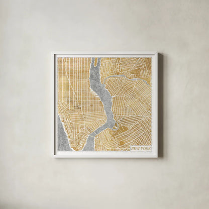Gilded New York Map by Laura Marshall. Shown in a crisp white glass frame for a clean and minimalist style. Available as an archival giclee rolled canvas, fine art paper, or poster print. SKU 17662a.