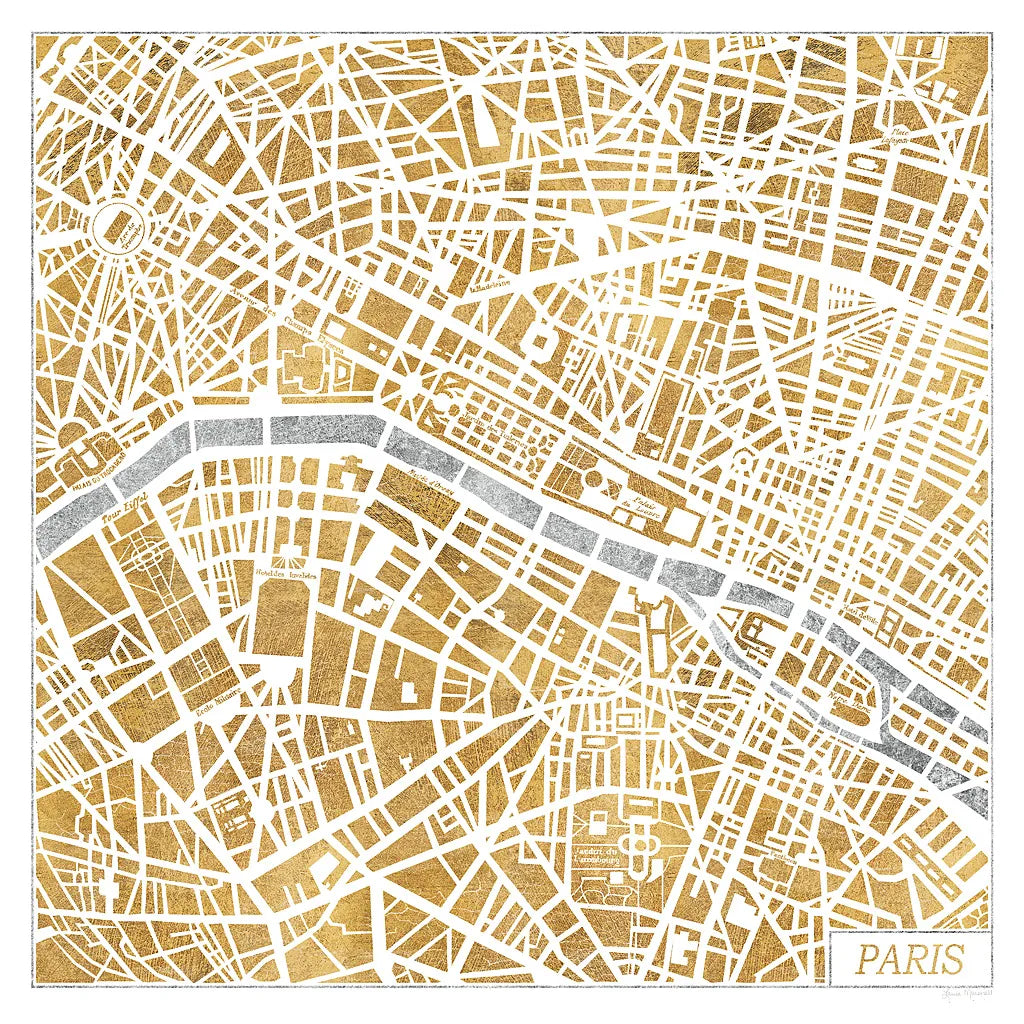 Gilded Paris Map by Laura Marshall. SKU 17663a. Archival Giclee Fine art print for wall decor.