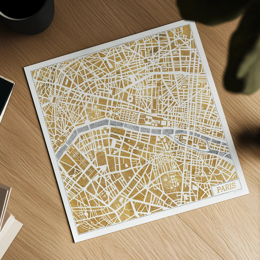 Gilded Paris Map by Laura Marshall. Shown as a detailed flat fine art print, highlighting archival giclee quality. Available as an archival giclee rolled canvas, fine art paper, or poster print. SKU 17663a.