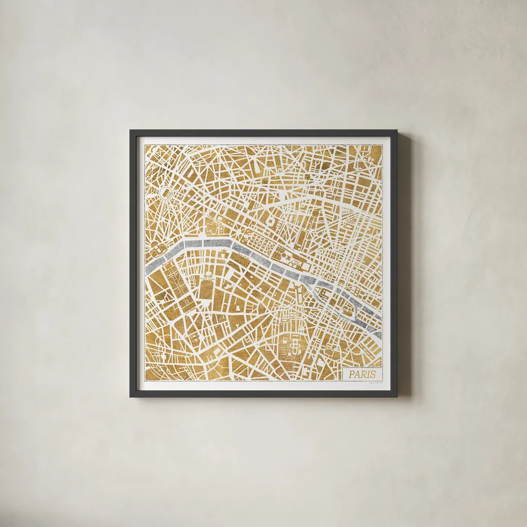 Gilded Paris Map by Laura Marshall. Shown in a sleek black glass frame for a contemporary gallery look. Available as an archival giclee rolled canvas, fine art paper, or poster print. SKU 17663a.