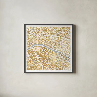 Gilded Paris Map by Laura Marshall. Shown in a sleek black glass frame for a contemporary gallery look. Available as an archival giclee rolled canvas, fine art paper, or poster print. SKU 17663a.