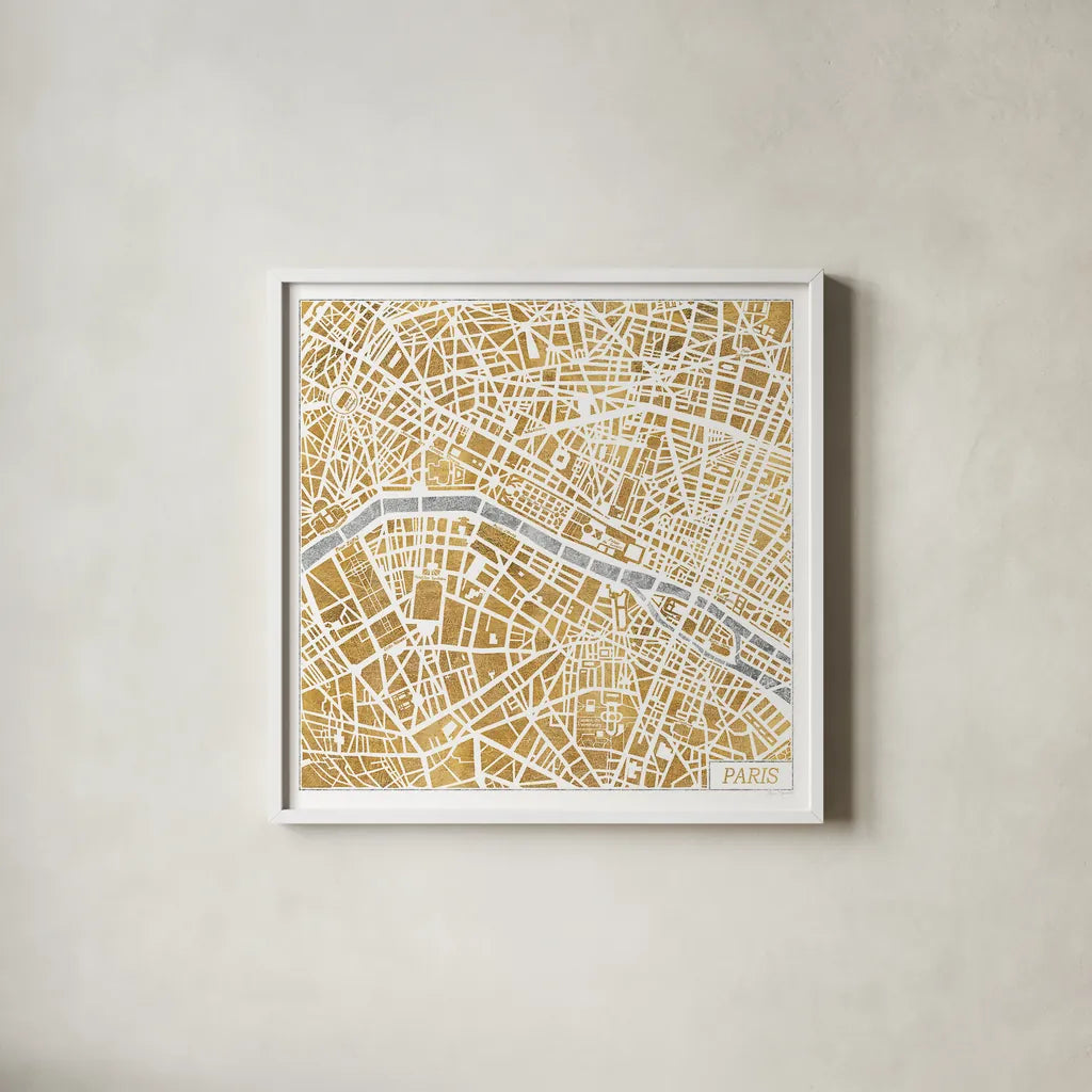 Gilded Paris Map by Laura Marshall. Shown in a crisp white glass frame for a clean and minimalist style. Available as an archival giclee rolled canvas, fine art paper, or poster print. SKU 17663a.