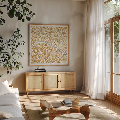 Gilded Paris Map by Laura Marshall. Shown in a natural wood frame in a cozy modern living room. Available as an archival giclee rolled canvas, fine art paper, or poster print. SKU 17663a.