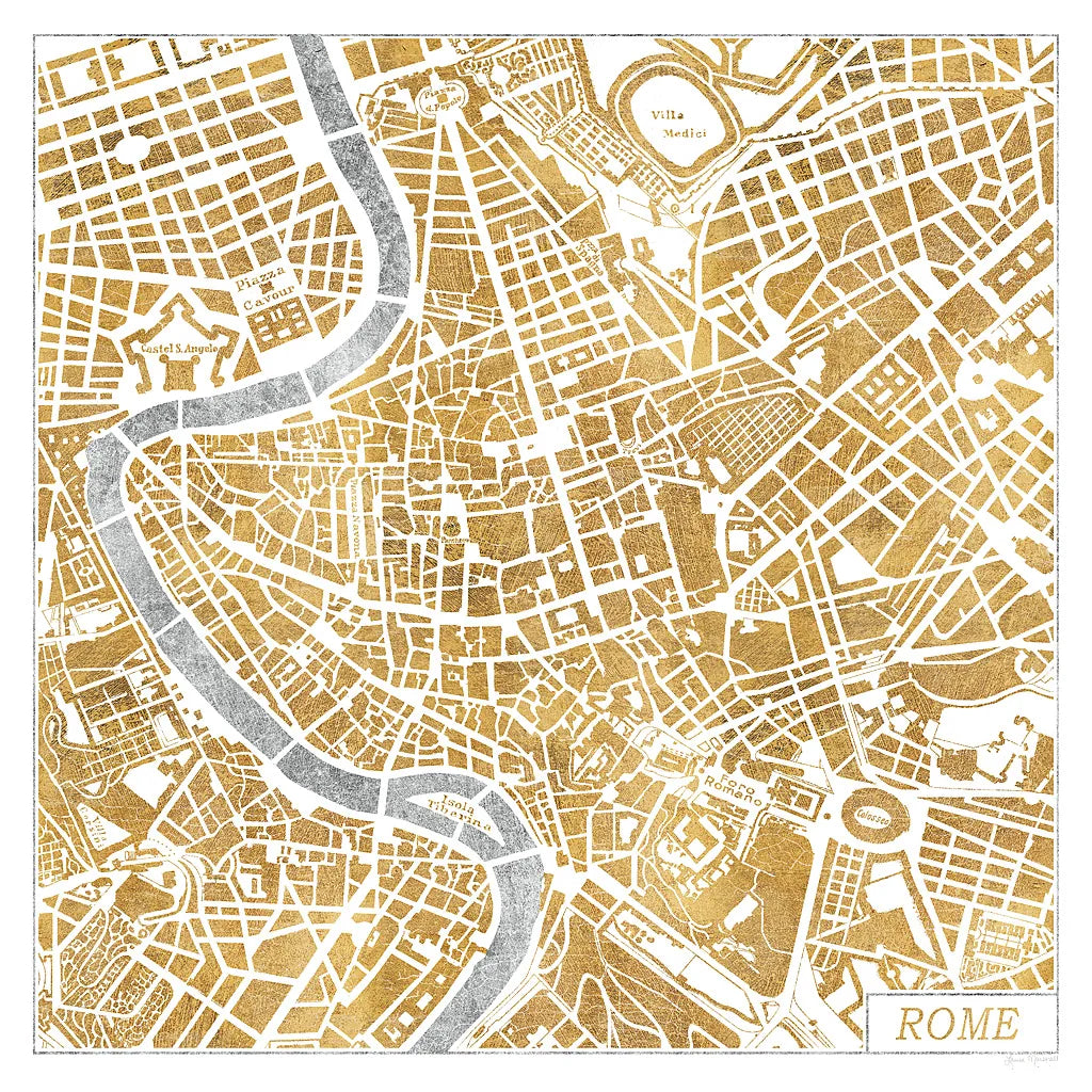Gilded Rome Map by Laura Marshall. SKU 17665a. Archival Giclee Fine art print for wall decor.