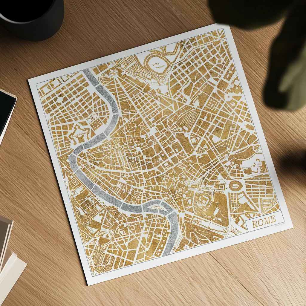 Gilded Rome Map by Laura Marshall. Shown as a detailed flat fine art print, highlighting archival giclee quality. Available as an archival giclee rolled canvas, fine art paper, or poster print. SKU 17665a.