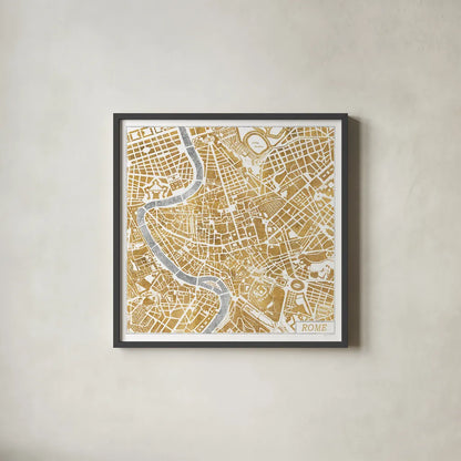 Gilded Rome Map by Laura Marshall. Shown in a sleek black glass frame for a contemporary gallery look. Available as an archival giclee rolled canvas, fine art paper, or poster print. SKU 17665a.