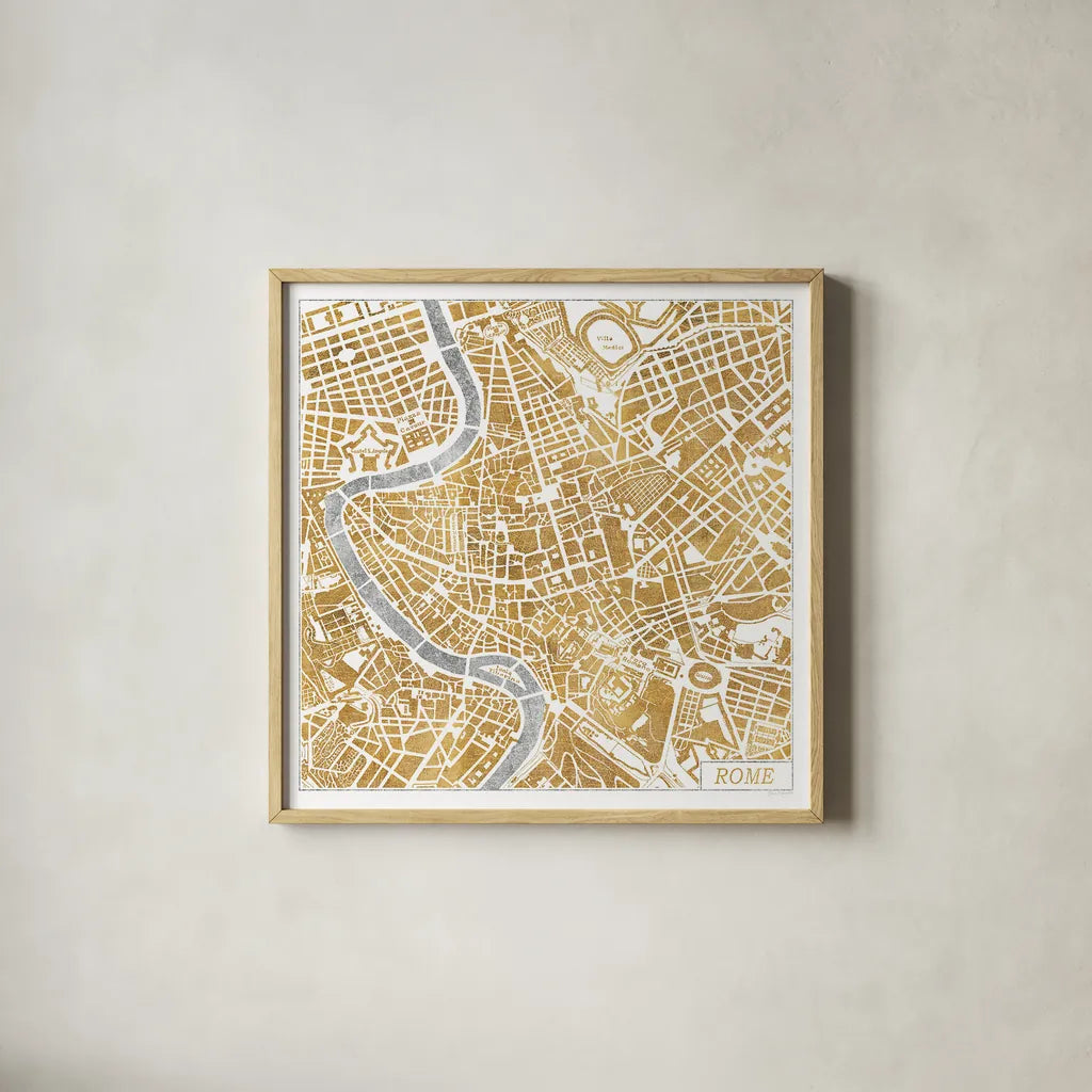 Gilded Rome Map by Laura Marshall. Shown in a natural wood glass frame for a timeless modern aesthetic. Available as an archival giclee rolled canvas, fine art paper, or poster print. SKU 17665a.