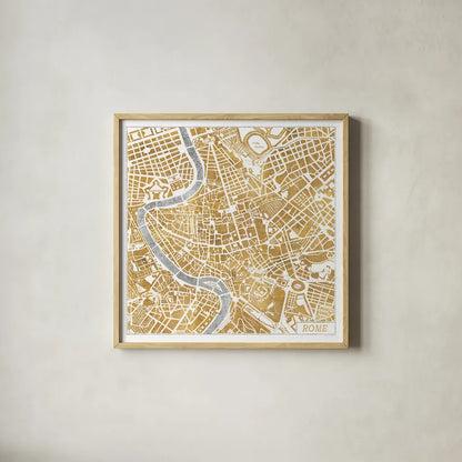 Gilded Rome Map by Laura Marshall. Shown in a natural wood glass frame for a timeless modern aesthetic. Available as an archival giclee rolled canvas, fine art paper, or poster print. SKU 17665a.