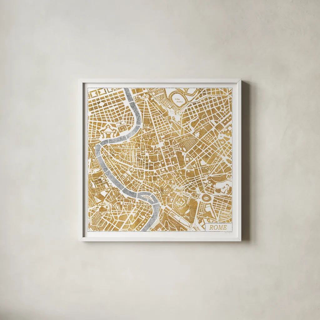 Gilded Rome Map by Laura Marshall. Shown in a crisp white glass frame for a clean and minimalist style. Available as an archival giclee rolled canvas, fine art paper, or poster print. SKU 17665a.
