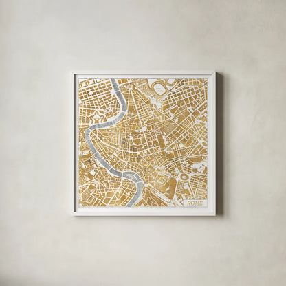 Gilded Rome Map by Laura Marshall. Shown in a crisp white glass frame for a clean and minimalist style. Available as an archival giclee rolled canvas, fine art paper, or poster print. SKU 17665a.