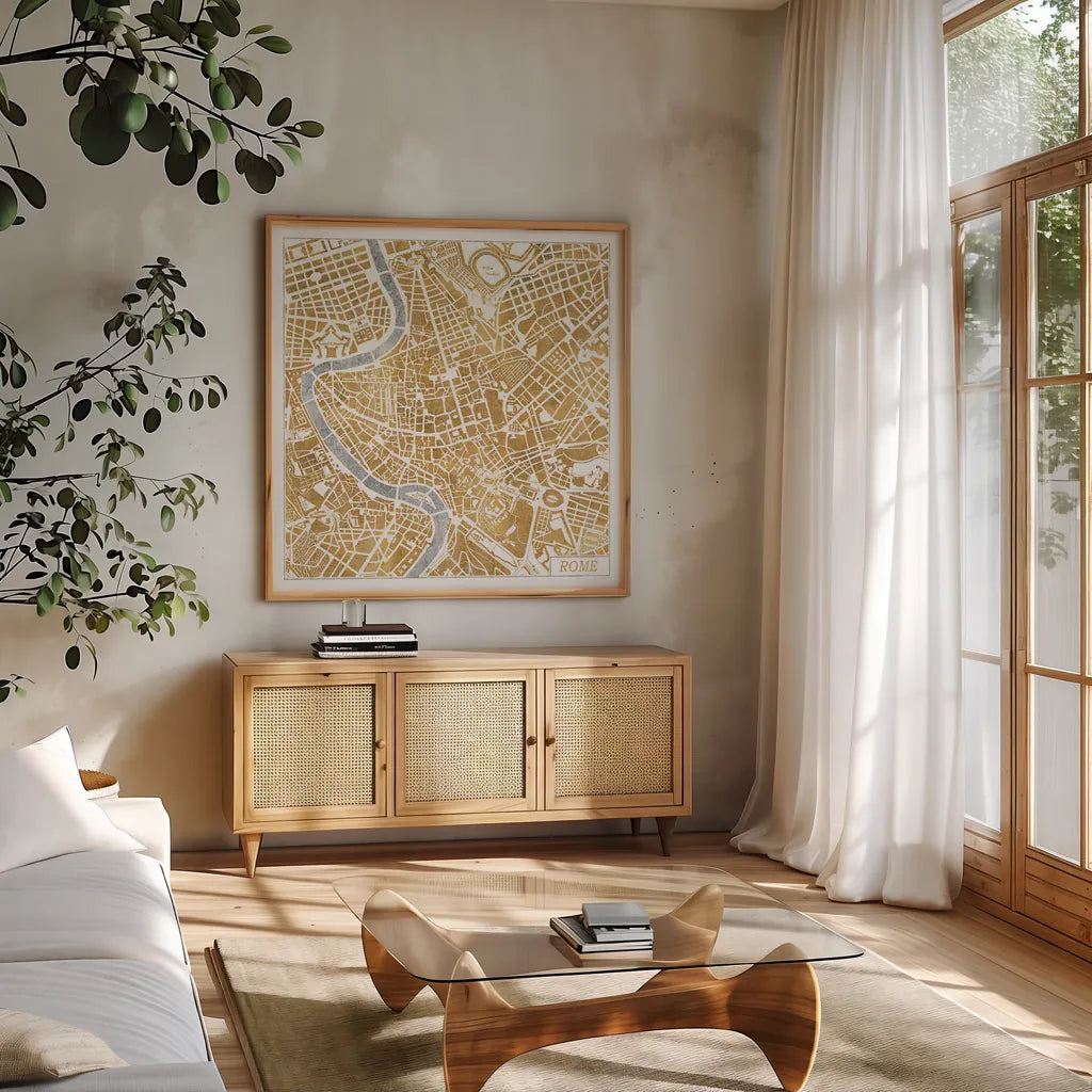 Gilded Rome Map by Laura Marshall. Shown in a natural wood frame in a cozy modern living room. Available as an archival giclee rolled canvas, fine art paper, or poster print. SKU 17665a.