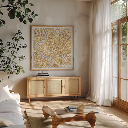 Gilded Rome Map by Laura Marshall. Shown in a natural wood frame in a cozy modern living room. Available as an archival giclee rolled canvas, fine art paper, or poster print. SKU 17665a.