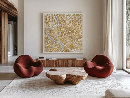 Gilded Rome Map by Laura Marshall. Shown as extra-large giant wall art in a modern living room. Available as an archival giclee rolled canvas, fine art paper, or poster print. SKU 17665a.