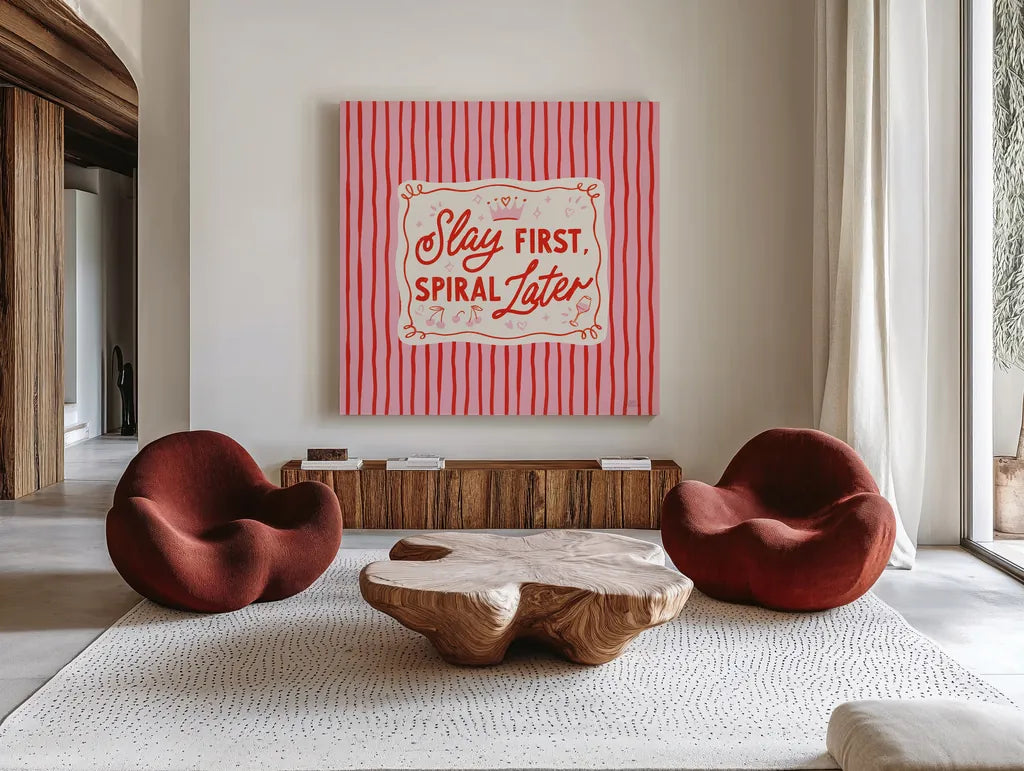 Girly Pop I by Laura Marshall. Shown as extra-large giant wall art in a modern living room. Available as an archival giclee rolled canvas, fine art paper, or poster print. SKU 99793a.