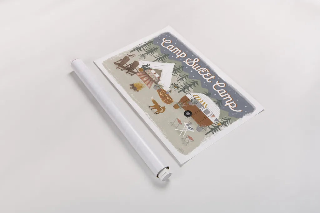 Gone Glamping I by Laura Marshall. shown as a rolled paper print. Available as archival giclee rolled canvas, fine art paper, or poster print. SKU 53604i.