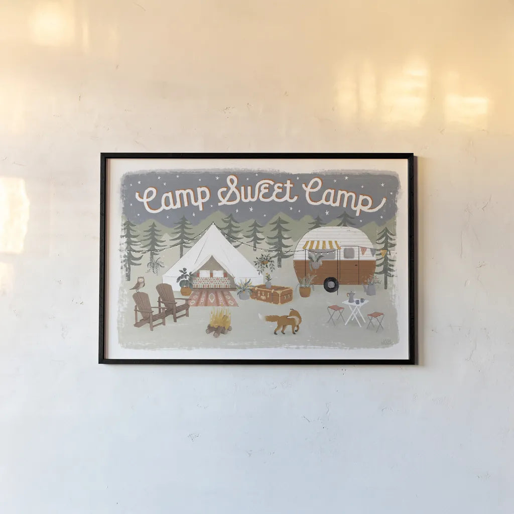Gone Glamping I by Laura Marshall. shown as a paper print in a black flame. Available as a archival giclee rolled canvas, fine art paper, or poster print. SKU 53604i.
