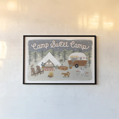 Gone Glamping I by Laura Marshall. shown as a paper print in a black flame. Available as a archival giclee rolled canvas, fine art paper, or poster print. SKU 53604i.