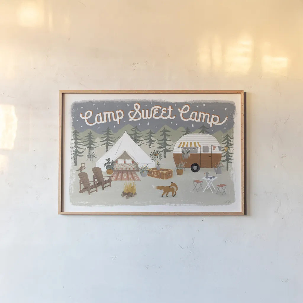 Gone Glamping I by Laura Marshall. shown as a paper print in a natural frame. Available as a archival giclee rolled canvas, fine art paper, or poster print. SKU 53604i.