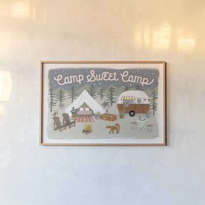 Gone Glamping I by Laura Marshall. shown as a paper print in a natural frame. Available as a archival giclee rolled canvas, fine art paper, or poster print. SKU 53604i.