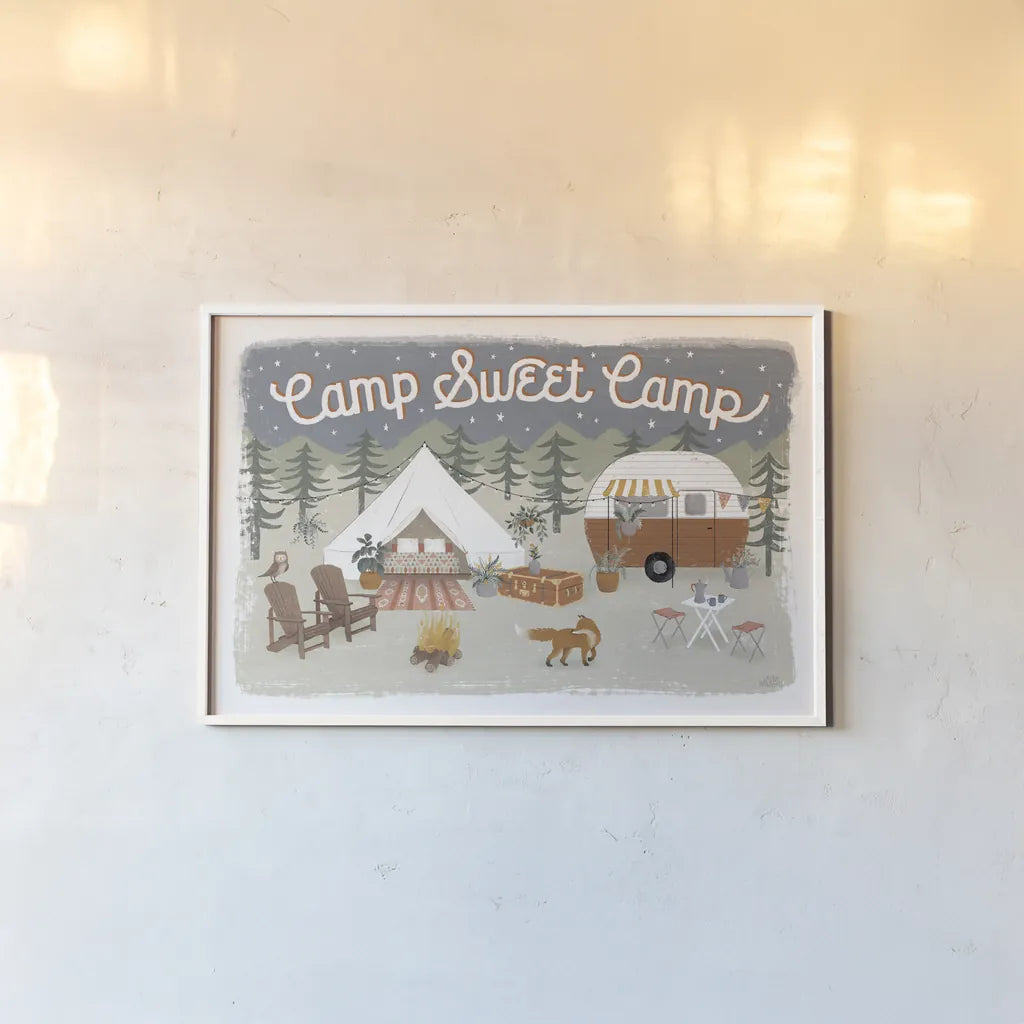 Gone Glamping I by Laura Marshall. shown as a paper print in a white frame. Available as a archival giclee rolled canvas, fine art paper, or poster print. SKU 53604i.