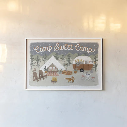Gone Glamping I by Laura Marshall. shown as a paper print in a white frame. Available as a archival giclee rolled canvas, fine art paper, or poster print. SKU 53604i.