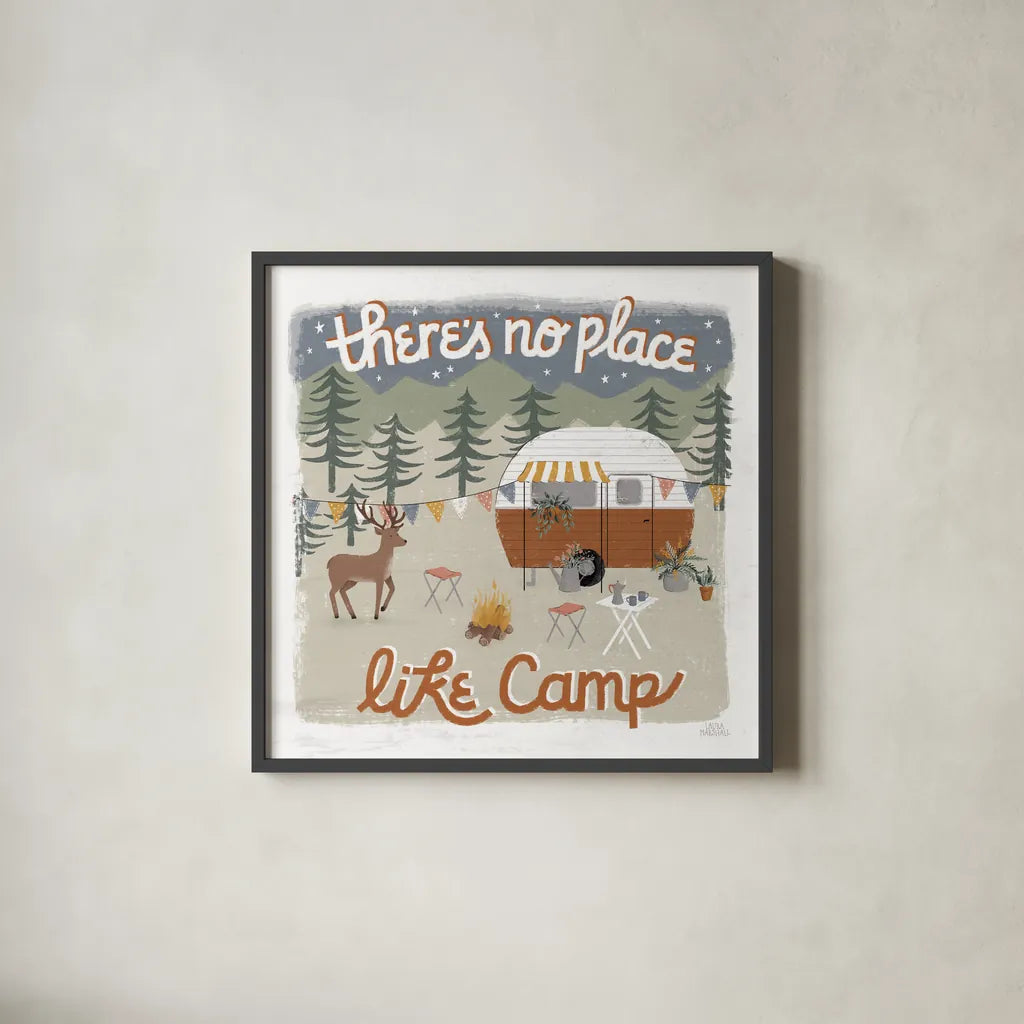 Gone Glamping II by Laura Marshall. Shown in a sleek black glass frame for a contemporary gallery look. Available as an archival giclee rolled canvas, fine art paper, or poster print. SKU 53605a.