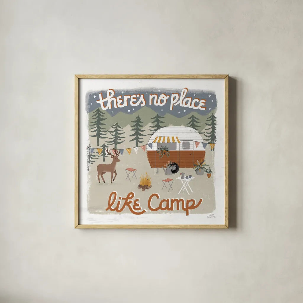 Gone Glamping II by Laura Marshall. Shown in a natural wood glass frame for a timeless modern aesthetic. Available as an archival giclee rolled canvas, fine art paper, or poster print. SKU 53605a.