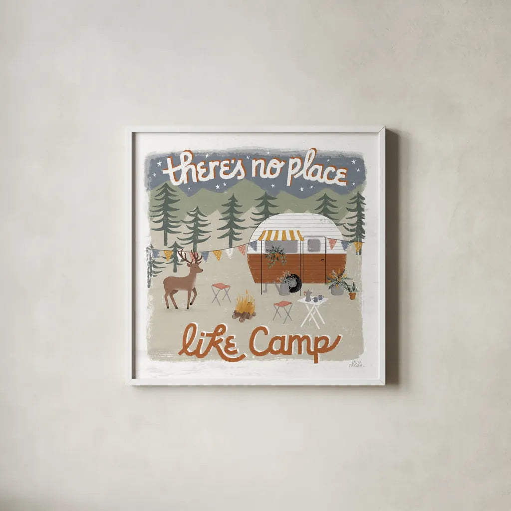 Gone Glamping II by Laura Marshall. Shown in a crisp white glass frame for a clean and minimalist style. Available as an archival giclee rolled canvas, fine art paper, or poster print. SKU 53605a.