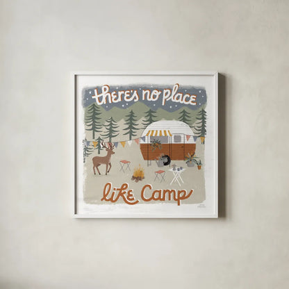 Gone Glamping II by Laura Marshall. Shown in a crisp white glass frame for a clean and minimalist style. Available as an archival giclee rolled canvas, fine art paper, or poster print. SKU 53605a.