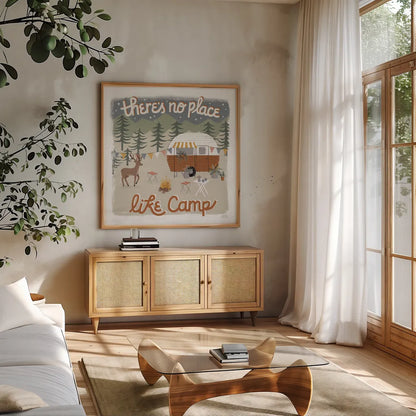 Gone Glamping II by Laura Marshall. Shown in a natural wood frame in a cozy modern living room. Available as an archival giclee rolled canvas, fine art paper, or poster print. SKU 53605a.