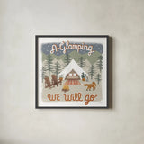 Gone Glamping III by Laura Marshall. Shown in a sleek black glass frame for a contemporary gallery look. Available as an archival giclee rolled canvas, fine art paper, or poster print. SKU 53606a.