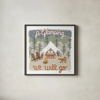 Gone Glamping III by Laura Marshall. Shown in a sleek black glass frame for a contemporary gallery look. Available as an archival giclee rolled canvas, fine art paper, or poster print. SKU 53606a.