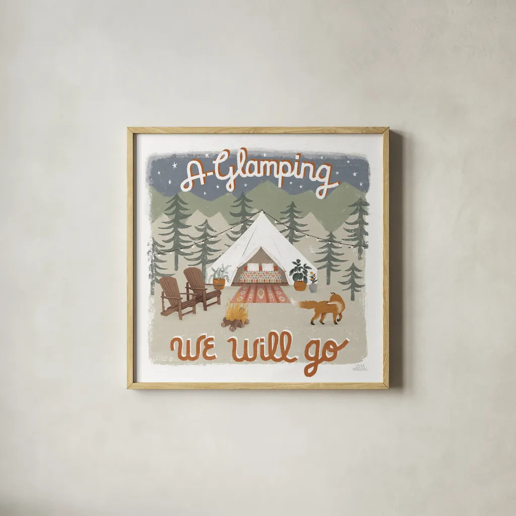 Gone Glamping III by Laura Marshall. Shown in a natural wood glass frame for a timeless modern aesthetic. Available as an archival giclee rolled canvas, fine art paper, or poster print. SKU 53606a.