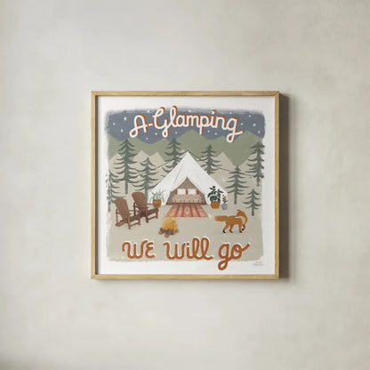 Gone Glamping III by Laura Marshall. Shown in a natural wood glass frame for a timeless modern aesthetic. Available as an archival giclee rolled canvas, fine art paper, or poster print. SKU 53606a.