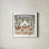 Gone Glamping III by Laura Marshall. Shown in a crisp white glass frame for a clean and minimalist style. Available as an archival giclee rolled canvas, fine art paper, or poster print. SKU 53606a.