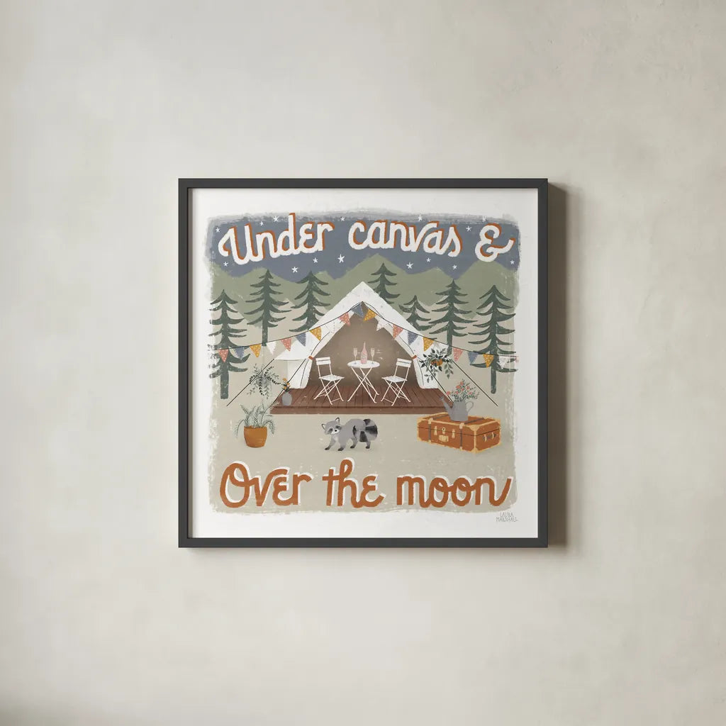 Gone Glamping IV by Laura Marshall. Shown in a sleek black glass frame for a contemporary gallery look. Available as an archival giclee rolled canvas, fine art paper, or poster print. SKU 53607a.