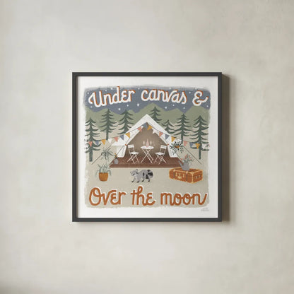 Gone Glamping IV by Laura Marshall. Shown in a sleek black glass frame for a contemporary gallery look. Available as an archival giclee rolled canvas, fine art paper, or poster print. SKU 53607a.