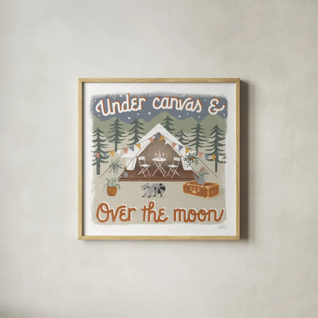 Gone Glamping IV by Laura Marshall. Shown in a natural wood glass frame for a timeless modern aesthetic. Available as an archival giclee rolled canvas, fine art paper, or poster print. SKU 53607a.