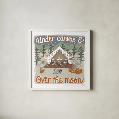 Gone Glamping IV by Laura Marshall. Shown in a crisp white glass frame for a clean and minimalist style. Available as an archival giclee rolled canvas, fine art paper, or poster print. SKU 53607a.